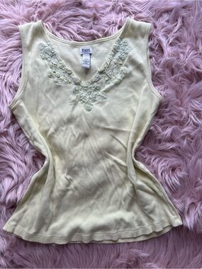 Bass Pale Yellow Embroidered Beaded Sleeveless Tank Top 100% Cotton Large Fairy